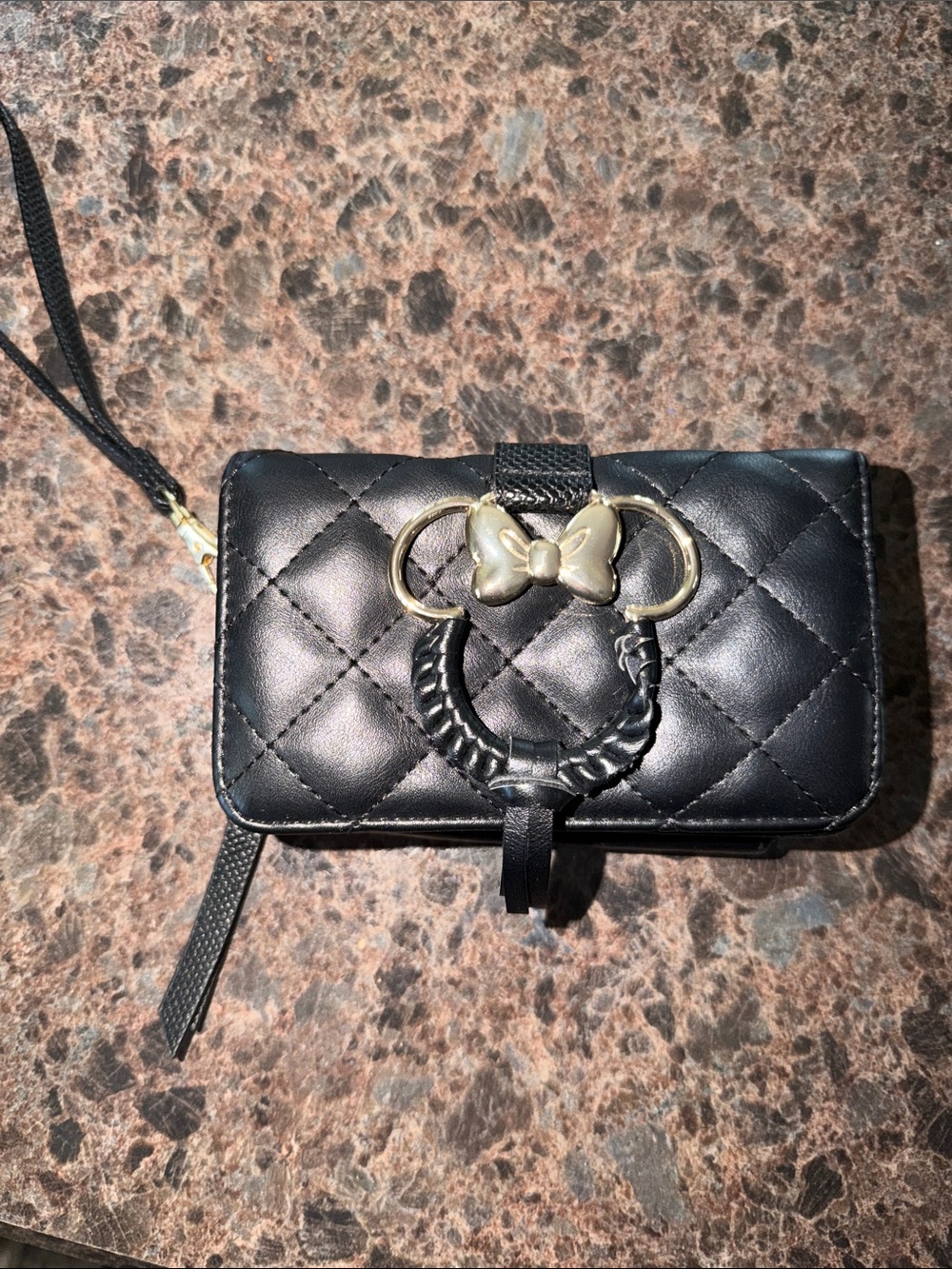 Minnie Quilted Black Wristlet Phone Case with Bow Ring Accent